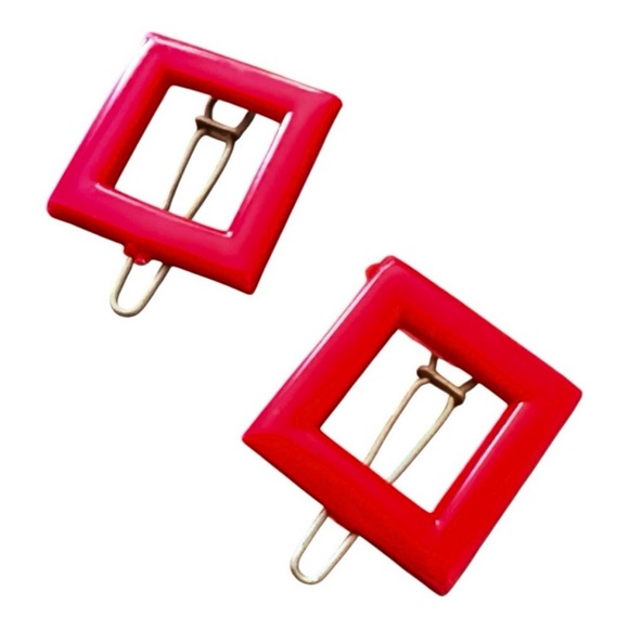 Vintage Accessories - 1960’s Cherry Red Square French Hair Clips Barrettes, Mod Accessories, Deadstock